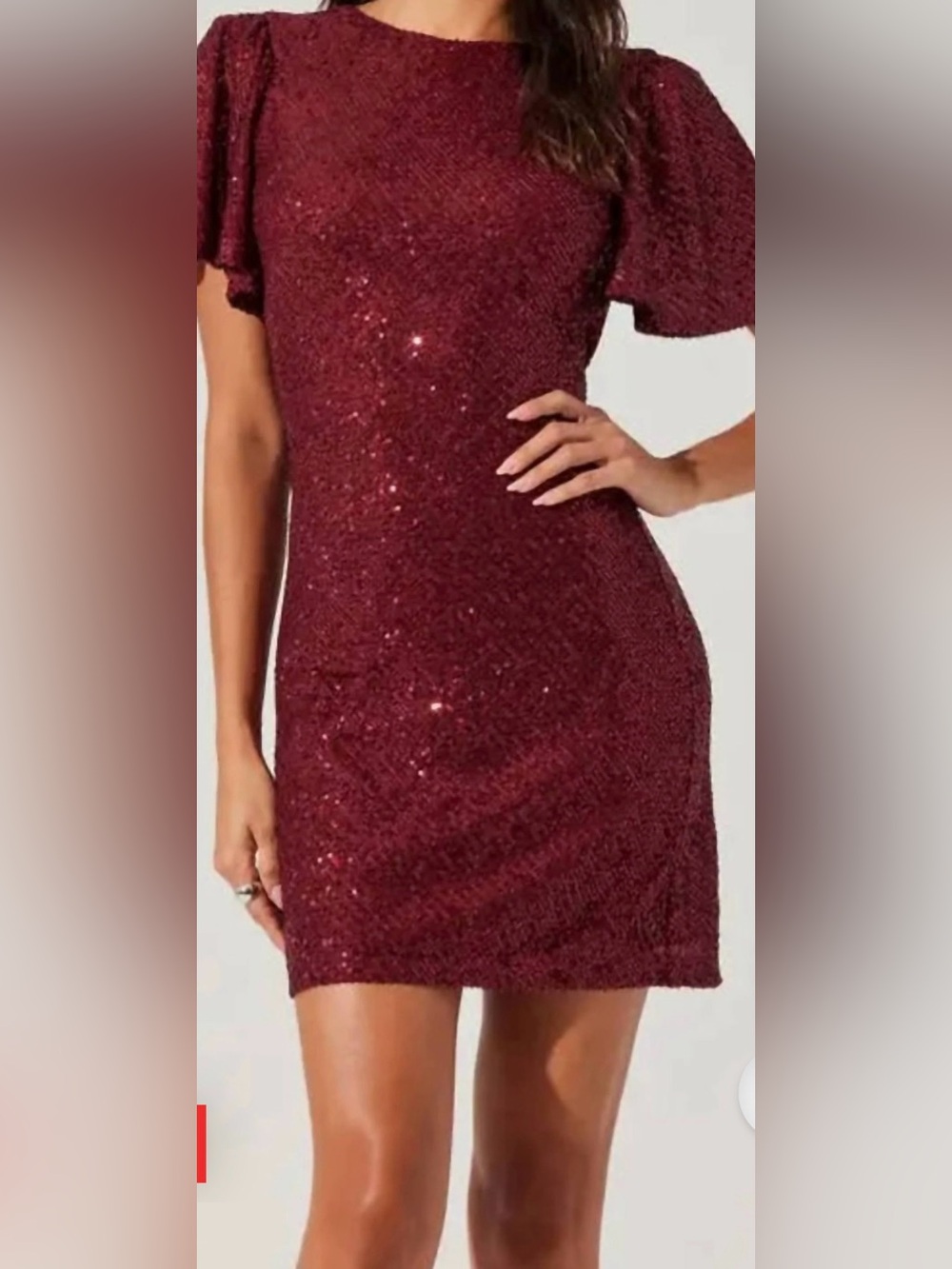 ASTR The Label Wine Sequin Crew Neck Flutter Sleeve Drape Back Mini
Dress XS
